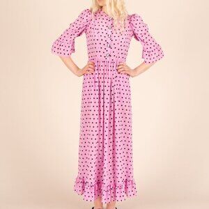 Batsheva Pink Polka Dot Long Prairie Dress, Button Up, size 2.